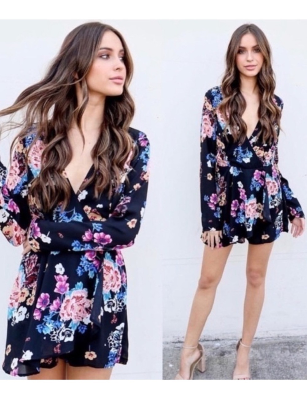 Cotton Candy Black Floral Romper with Pink & Blue Flowers